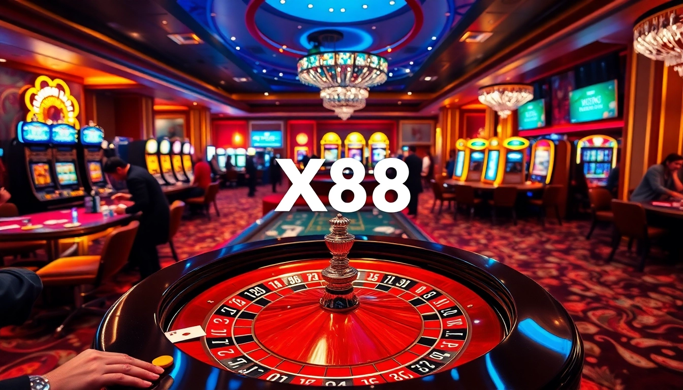 Excited players at a luxurious casino roulette table as X88 promotions spark high-stakes gambling action.