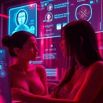 Porn AI chat interaction featuring immersive holographic screens and AI avatars in a sensual ambiance.